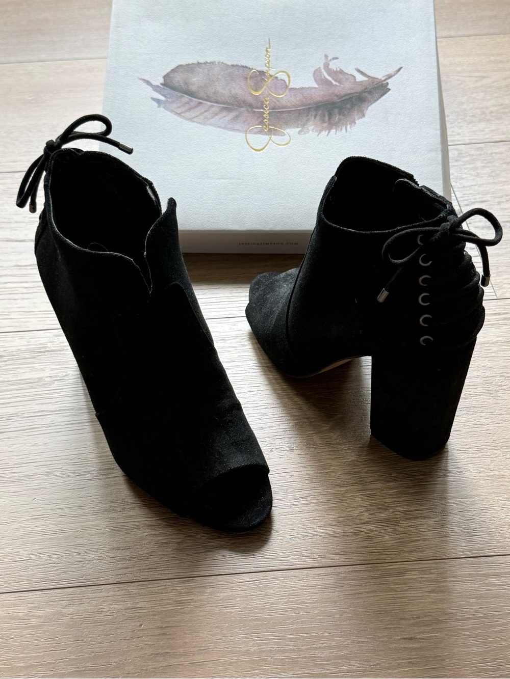 Jessica Simpson Black Suede Peep-Toe Lace-Back Block Heel Booties